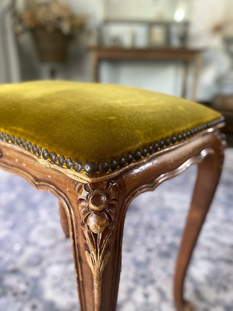 フレンチスタイル ベルベットスツール　オリーブグリーン