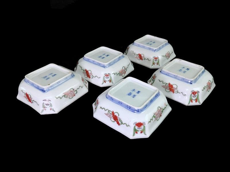 大聖寺伊万里　金襴手　窓絵　牡丹に菊　四方角向付　５客　N1643A-CLv