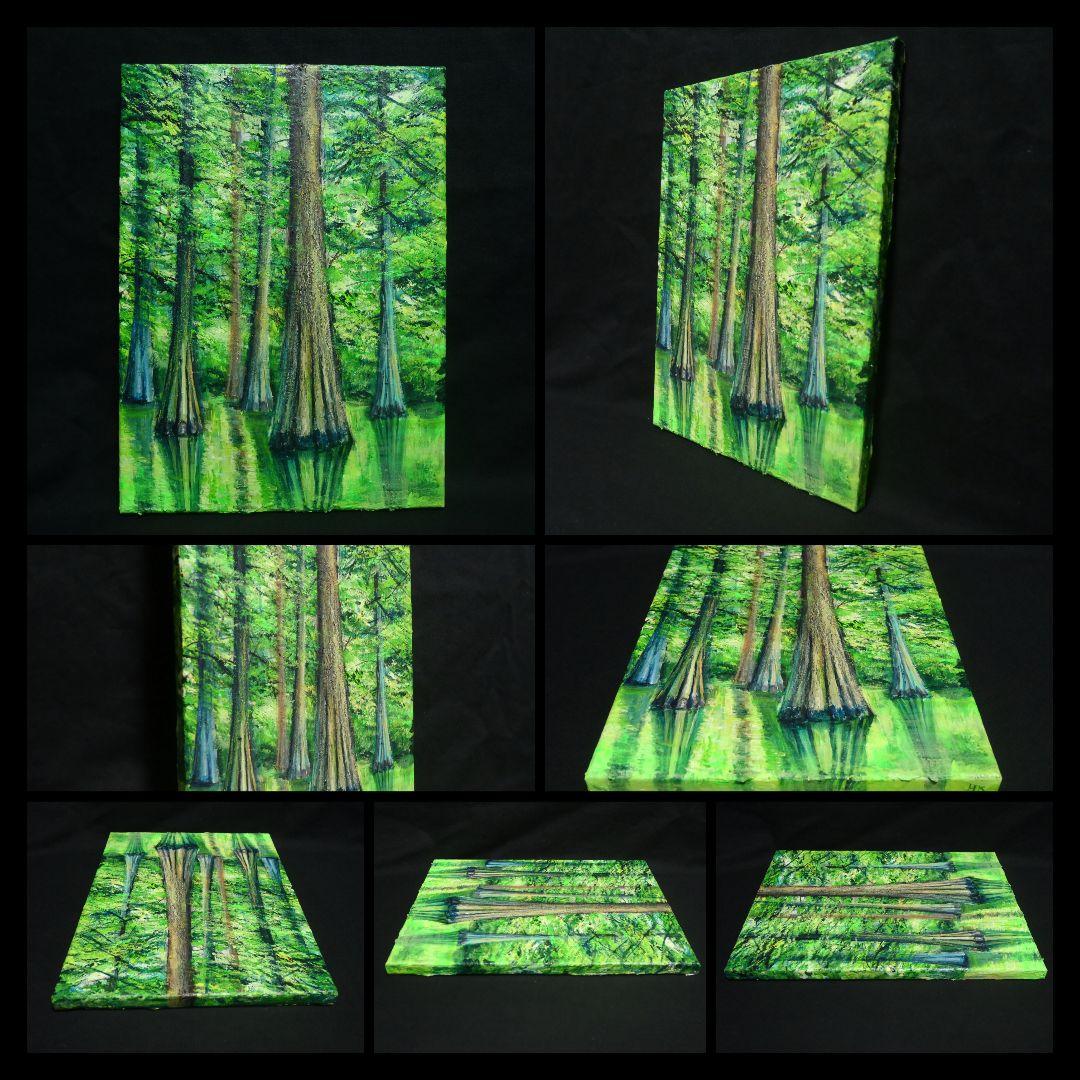 油絵 油彩 油彩画 絵 絵画 絵【水面に映るラクウショウの森﻿】