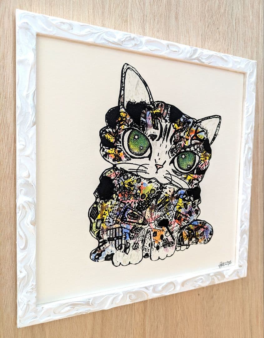 手作り額付き銅版画カラー作品　title「きらめきニャンコ」