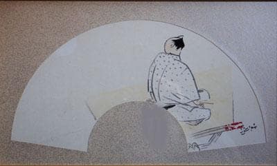 前田青邨 「一服（白描）」日本画(紙本・水墨・淡彩） 扇面　額装　東美鑑定証付
