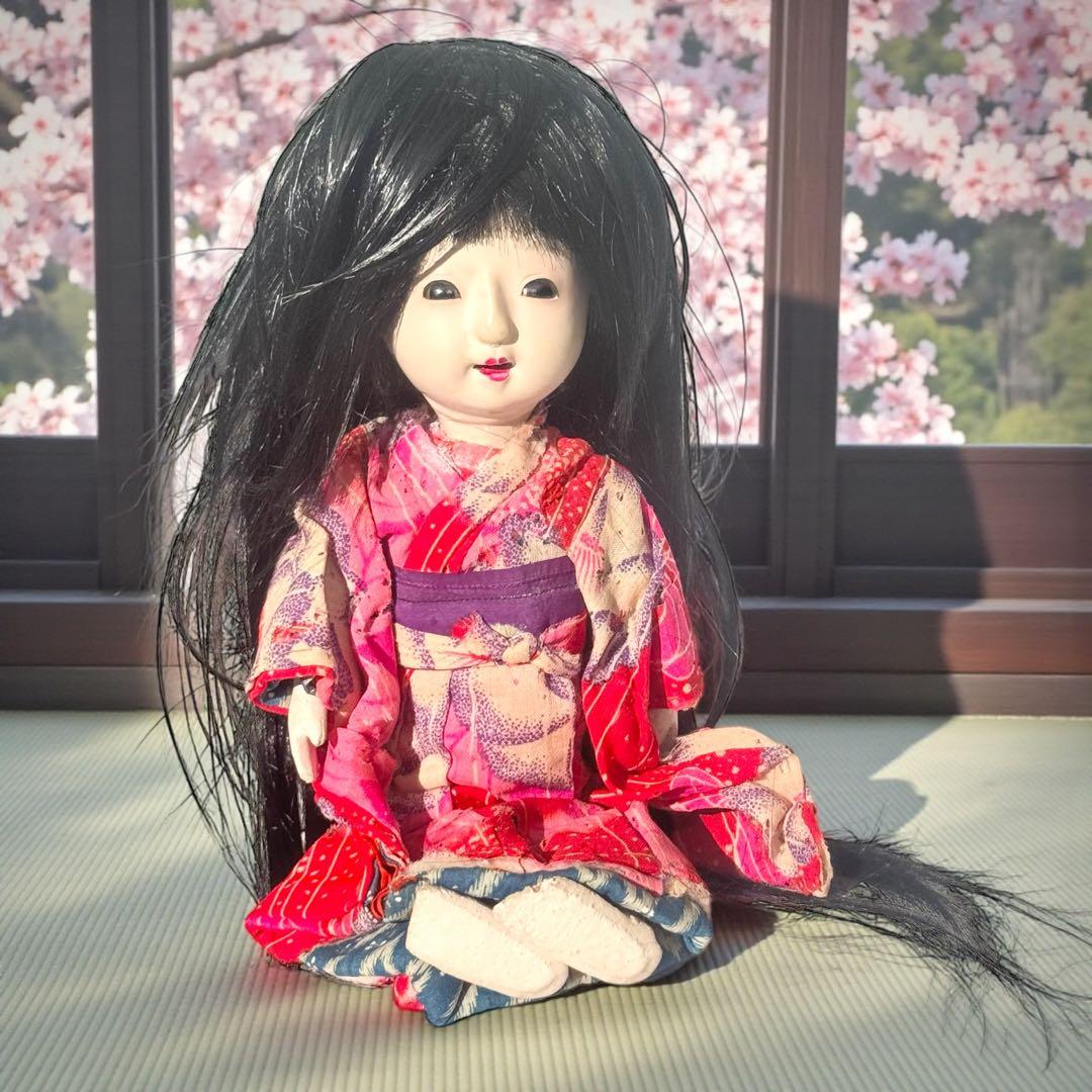 市松人形 明治後期 市印 朱印 三つ折れ 単色黒目 ガラス目 縮緬 1890年代