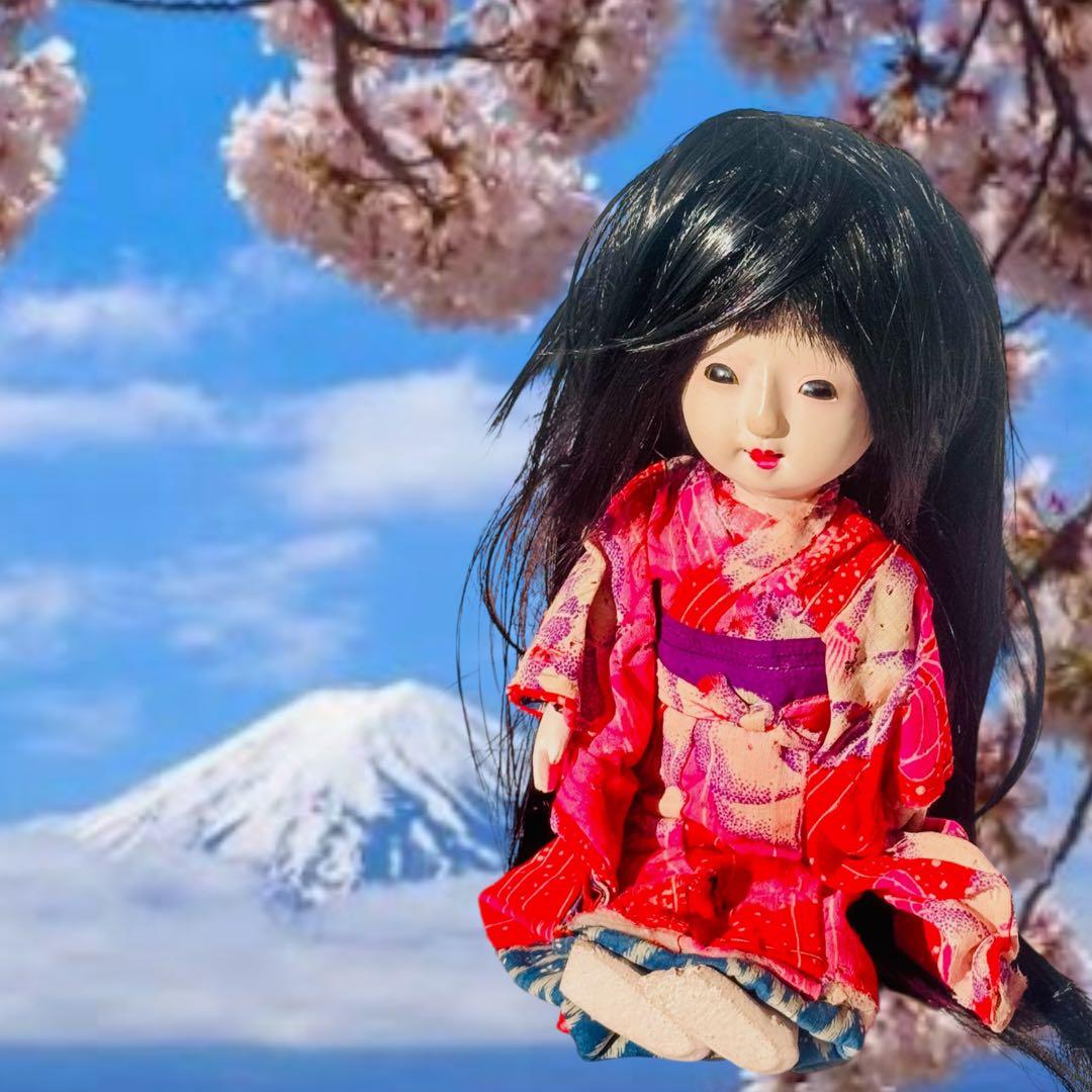 市松人形 明治後期 市印 朱印 三つ折れ 単色黒目 ガラス目 縮緬 1890年代