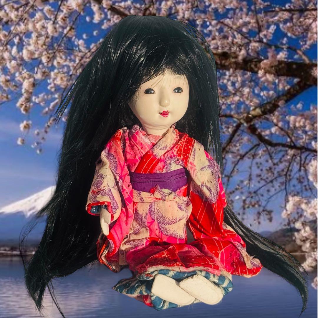 市松人形 明治後期 市印 朱印 三つ折れ 単色黒目 ガラス目 縮緬 1890年代