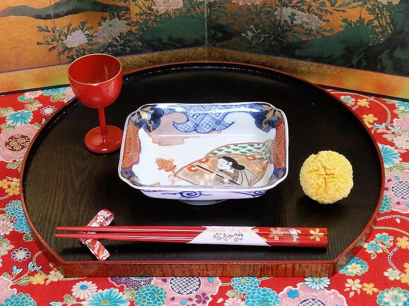 古伊万里　色絵　青海波にお福さんの図　角皿 ２客　C084AS-DAa