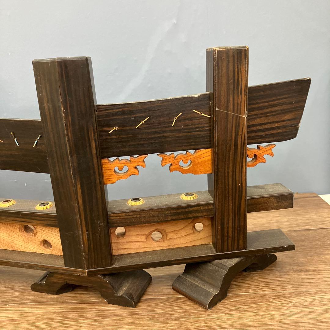 A-1 昭和レトロ 木製 弓矢台 刀掛け 刀台 飾り台 龍彫刻 金具付 五月人形
