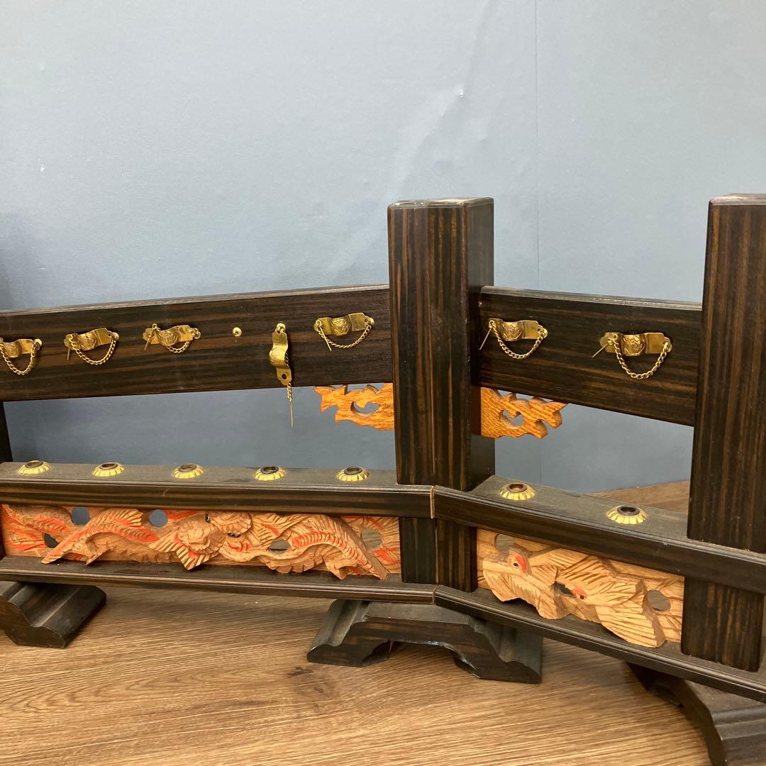 A-1 昭和レトロ 木製 弓矢台 刀掛け 刀台 飾り台 龍彫刻 金具付 五月人形