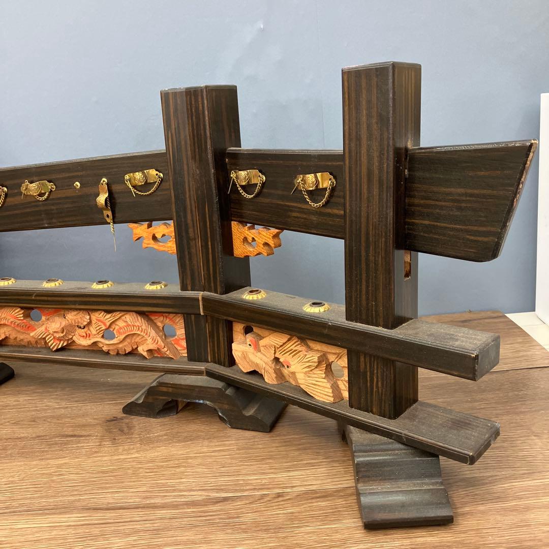 A-1 昭和レトロ 木製 弓矢台 刀掛け 刀台 飾り台 龍彫刻 金具付 五月人形