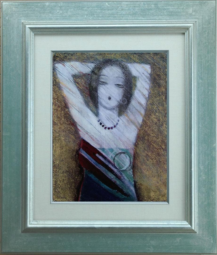 油絵 菅家令子 絵 絵画インテリア額付(青緑＋金色の枠) F3-32023 女性