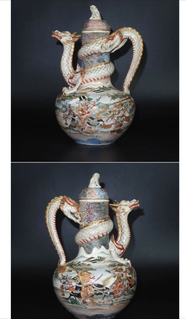 送料無料　明治薩摩焼　武者絵龍吐水注　木箱付　★希少★