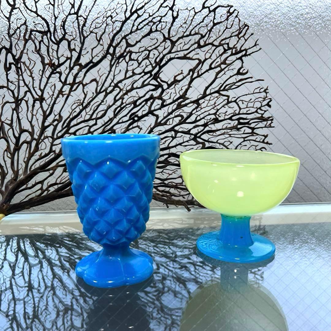 骨董　時代ガラス　希少練りガラス　花底　ダイヤ柄　筒型　氷コップ　ゴブレット１客