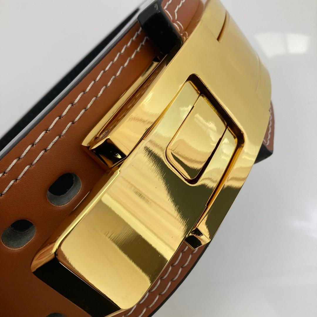 パワーベルト レバーアクション ワンタッチ可変式 M ブラウン×ゴールド 本革