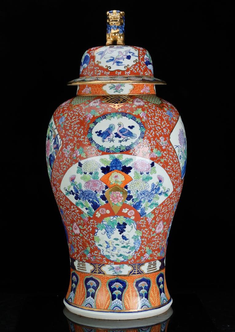 有田焼 染錦窓絵花鳥尽之図 獅子摘蓋付 沈香壺 特大99㎝ 飾壺 古美術 骨董品