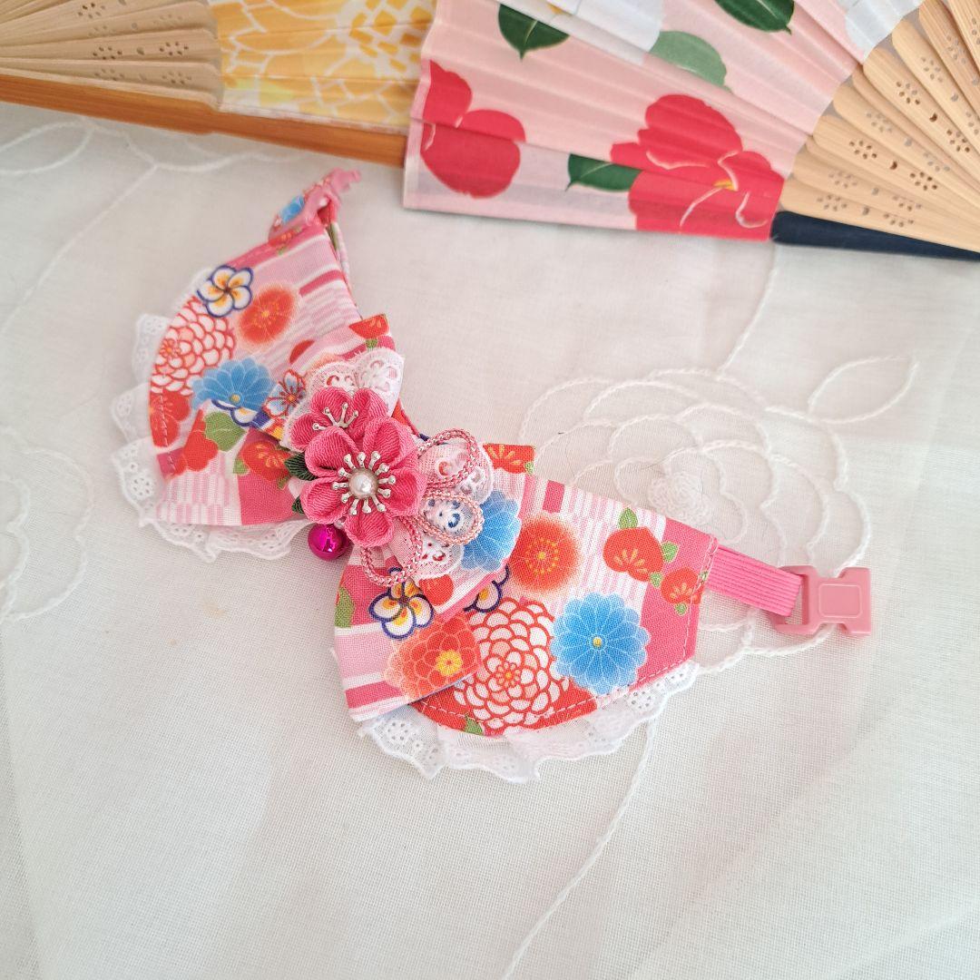 和風つまみ細工(朱色)わんちゃん猫ちゃん用襟付き首輪