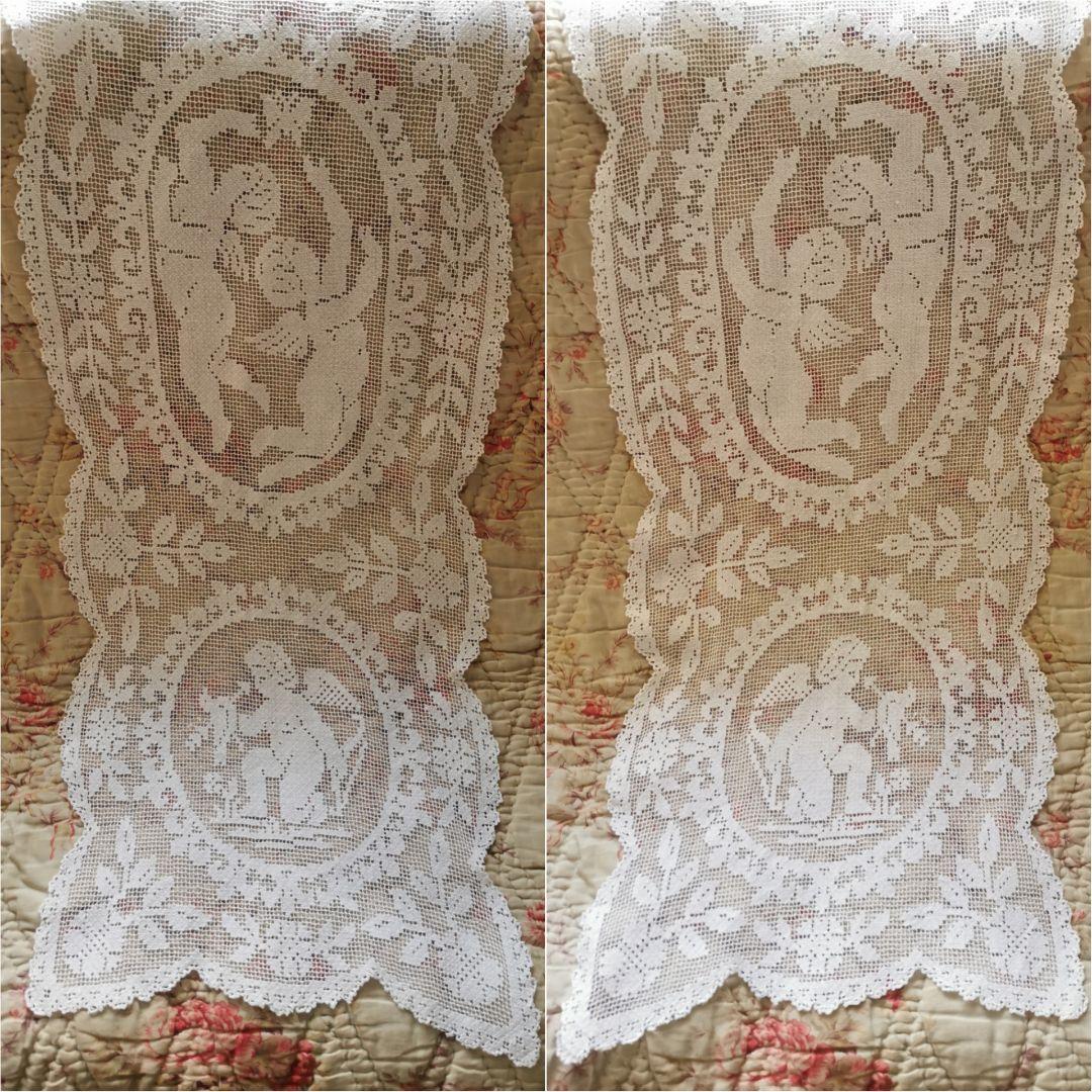 アンティークフランス リネンフィレレース 天使と鳥と蝶 テーブルクロスランナー