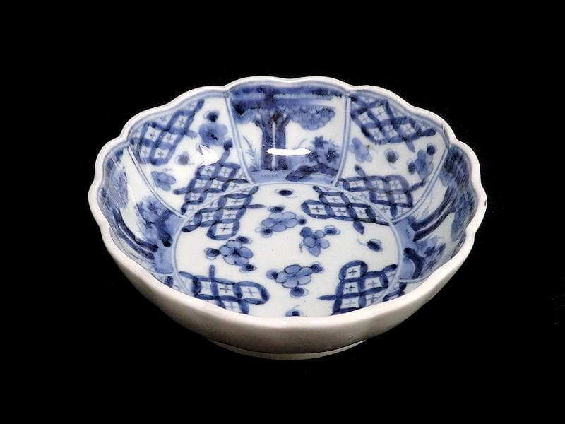 古伊万里　染付　七宝紋に梅の図　膾皿　５客　381AS-CAv