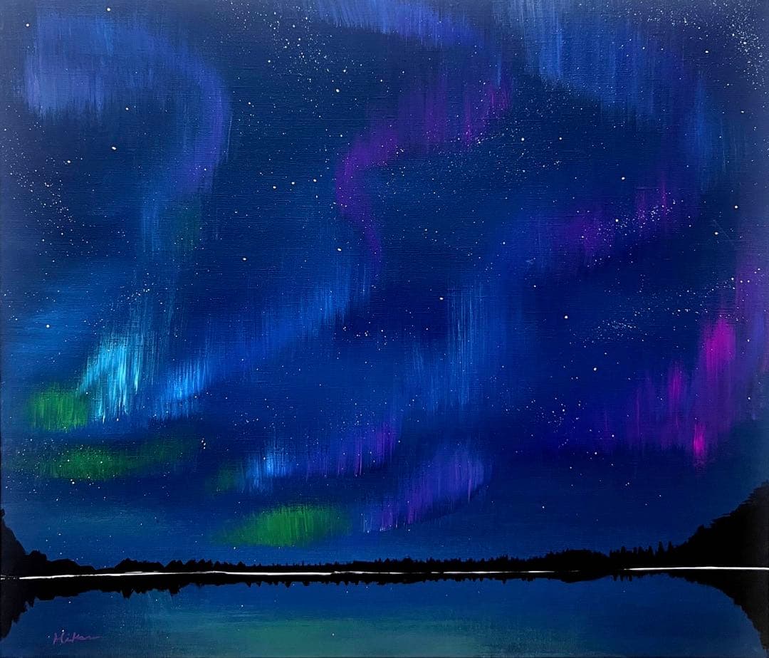 (F10号) 八神光【奇跡のオーロラ】表サイン有り/裏共シール有り/真作/油彩