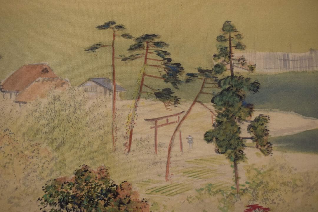 【真作】山下竹斎/湖畔秋色図/秋景山水人物図/掛軸☆宝船☆Y-180　JM