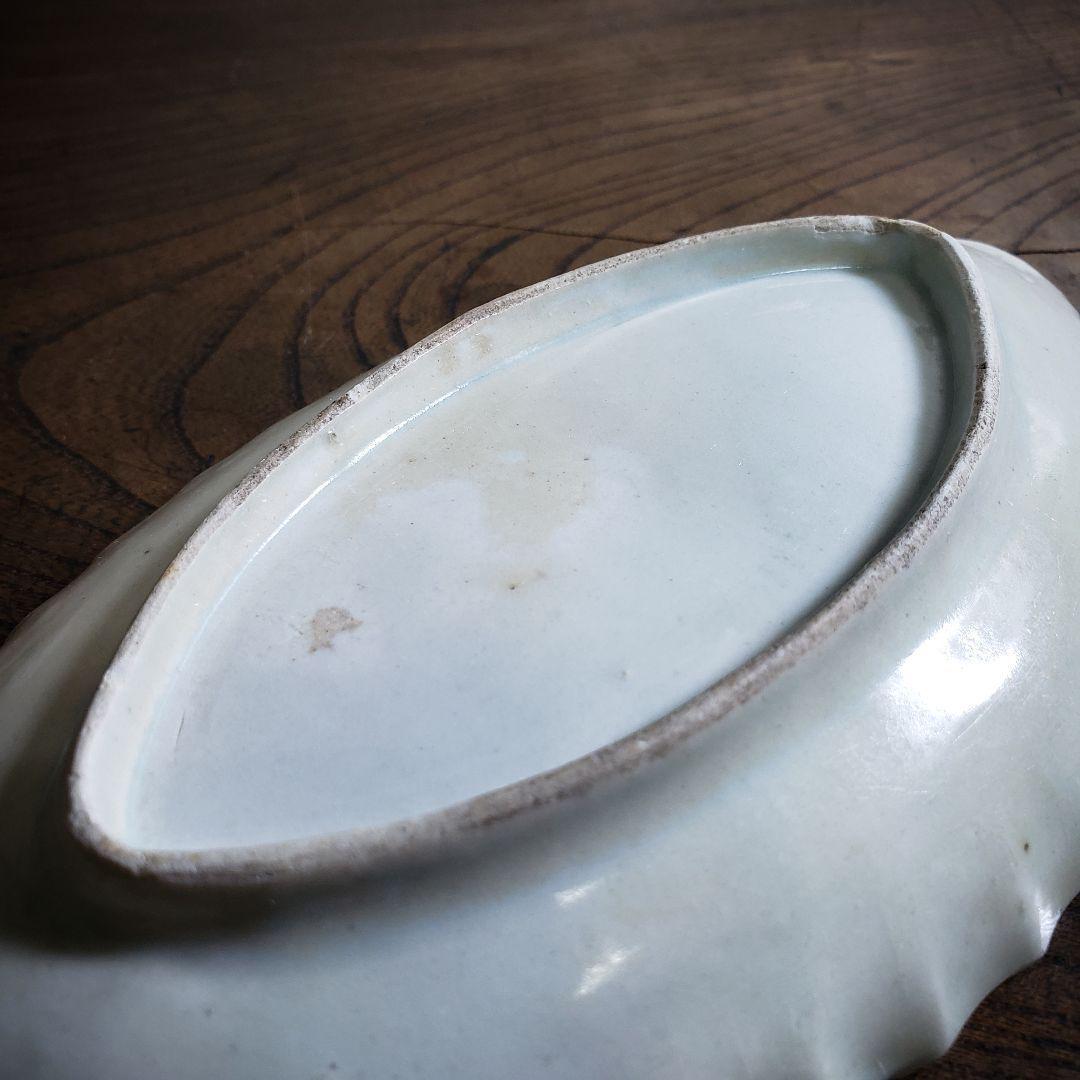 染付 楕円形 変形皿 砥草 訳あり 欠け 中国物 中国骨董 サボテン 微塵唐草