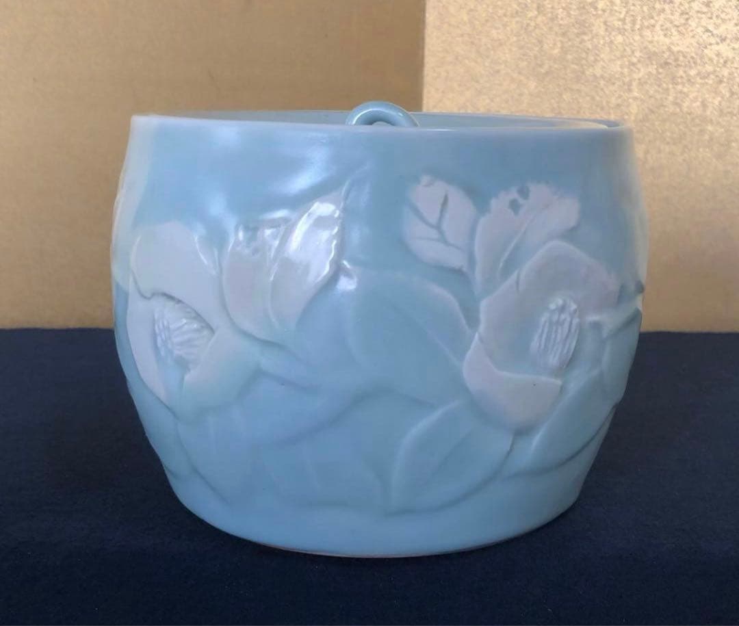 《R》妙高焼 青磁 椿文 水指 高井進 歴書 共布 共箱　260128く2