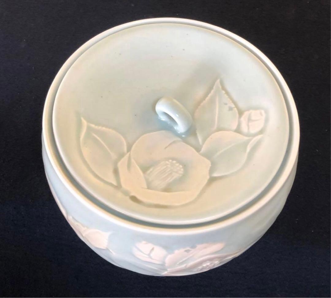 《R》妙高焼 青磁 椿文 水指 高井進 歴書 共布 共箱　260128く2