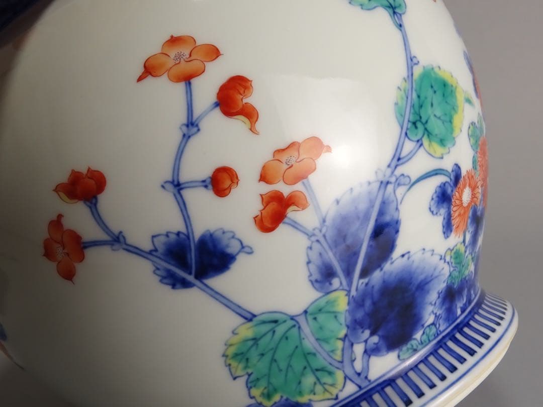 名工　十二代　今泉今右衛門　秀逸作　色鍋島　芙蓉文　花瓶　地文縁　壷　花入　花器