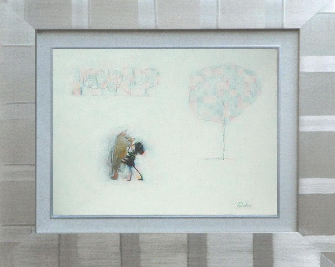油絵 菅家令子絵 絵画インテリア額付(青緑＋金色の枠)F4-090818猫犬女子