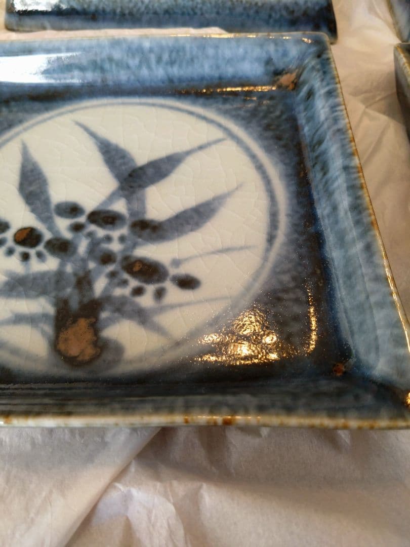 河井久★ 花紋角皿 角鉢 藍 5枚セット 民藝