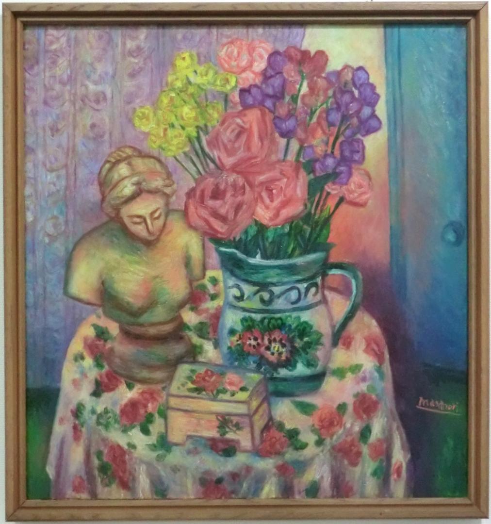 油彩画　静物画　女性像のあるテーブル　額装商品　作品サイズ60×65cm