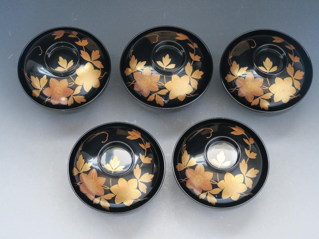 【輪島塗】鉄仙蒔絵 吸物椀 黒塗 五客揃 天然木 共箱