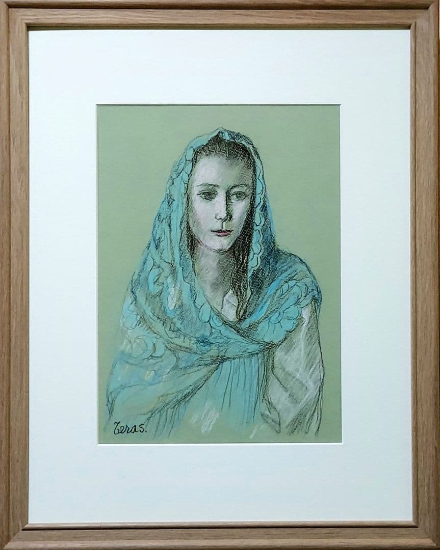 寺島　龍一「ブルーのショールを纏う女性」パステル