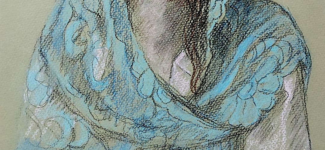 寺島　龍一「ブルーのショールを纏う女性」パステル