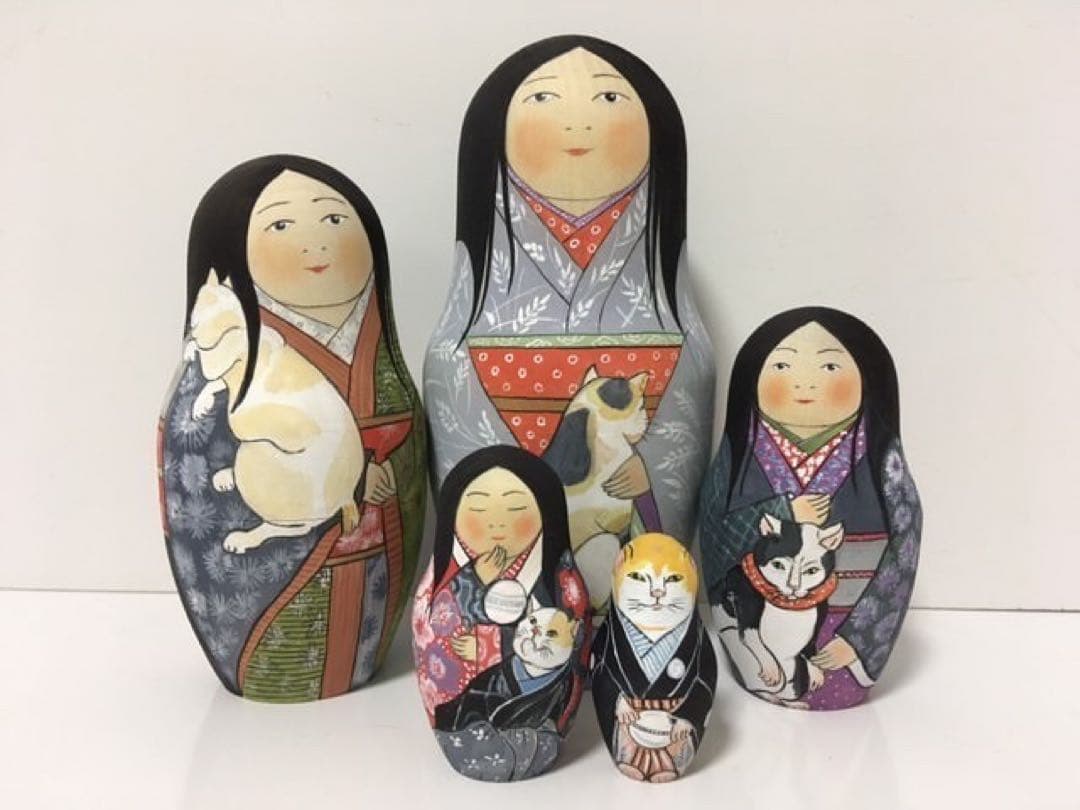 ひな祭りセール♪ロシア雑貨☆着物マトリョーシカ(5P)和風猫ボボワ作オマケ付き♪