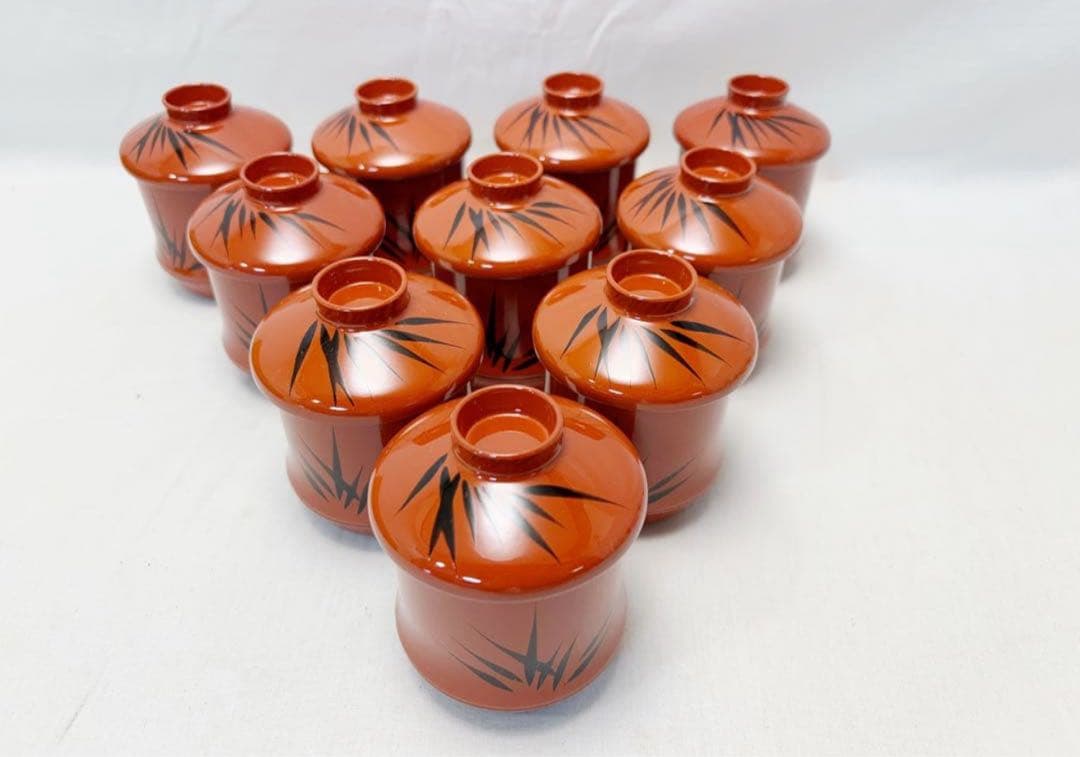 未使用 懐石道具 竹形朱塗箸洗 十客揃 黒竹蒔絵 内黒 和食器 小吸物椀 元箱