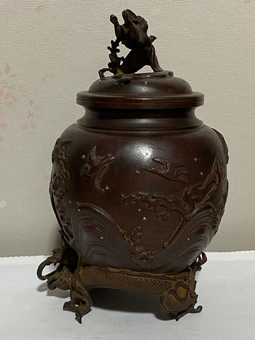 ♦蝋型細密鋳金 象嵌 波乗り兎 波千鳥文 波乗り龍足 香炉 唐金 美術品 骨董品