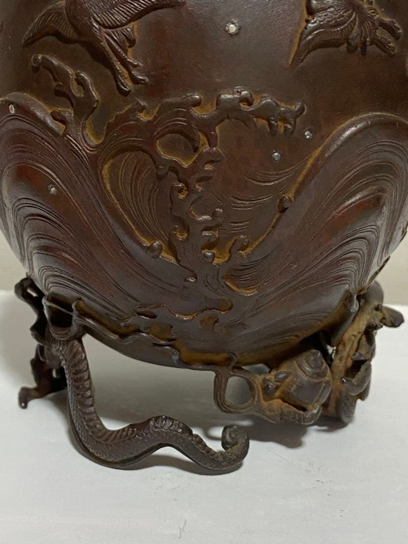 ♦蝋型細密鋳金 象嵌 波乗り兎 波千鳥文 波乗り龍足 香炉 唐金 美術品 骨董品