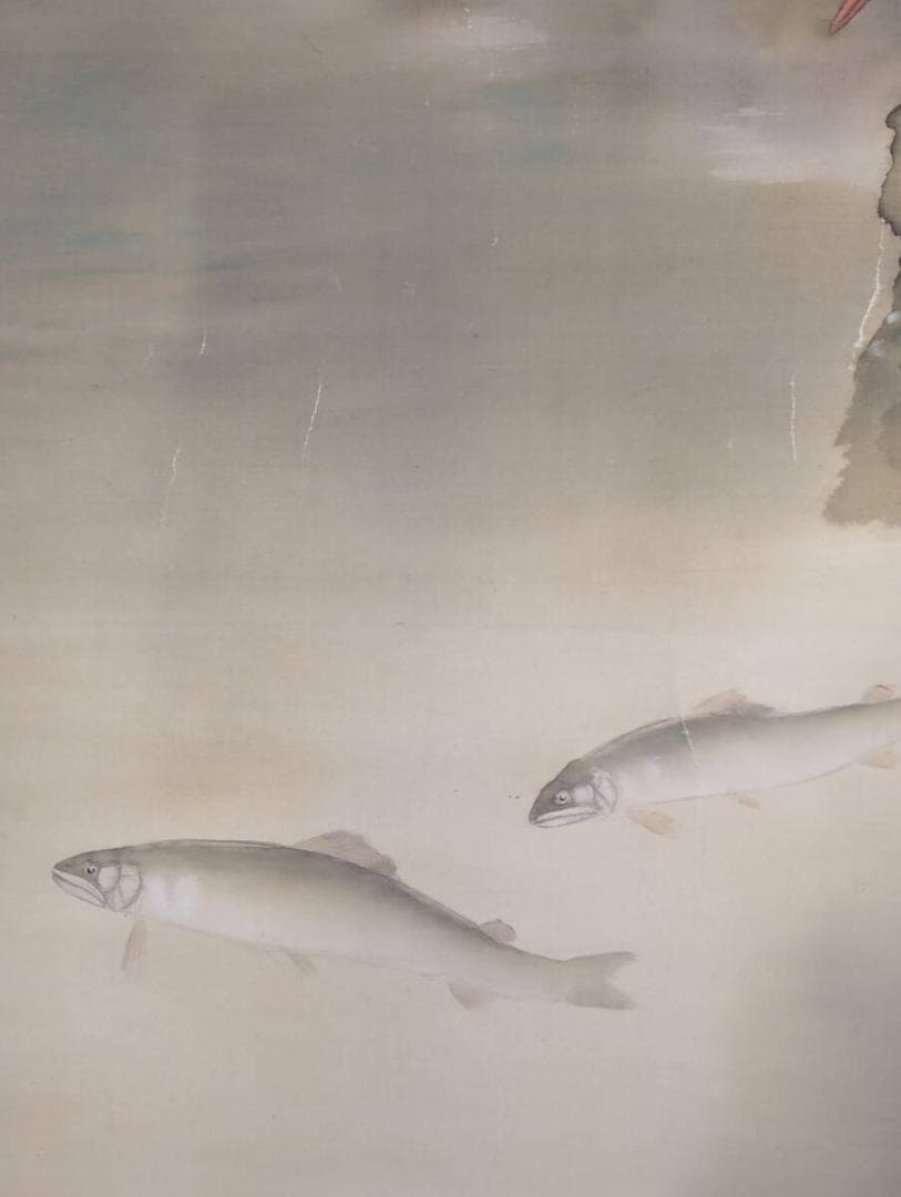 【真作】掛軸　翡翠と鮎図　水辺の景　彩色日本画　落款印章あり　古美術　U13