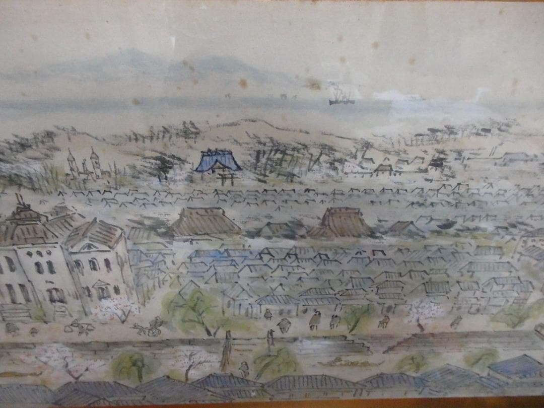 新潟昔の風景画家　高橋五仙子思い出の新潟百景『西堀通』紙本 額装(扁額)直筆保証