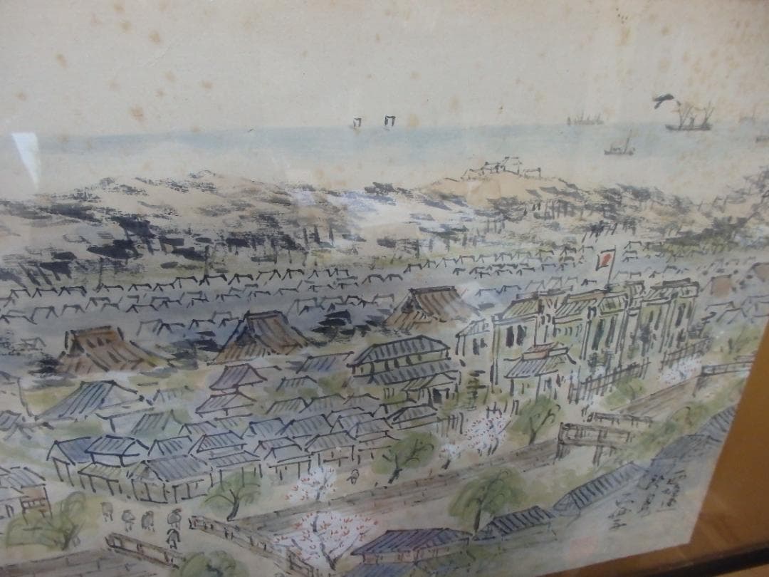 新潟昔の風景画家　高橋五仙子思い出の新潟百景『西堀通』紙本 額装(扁額)直筆保証