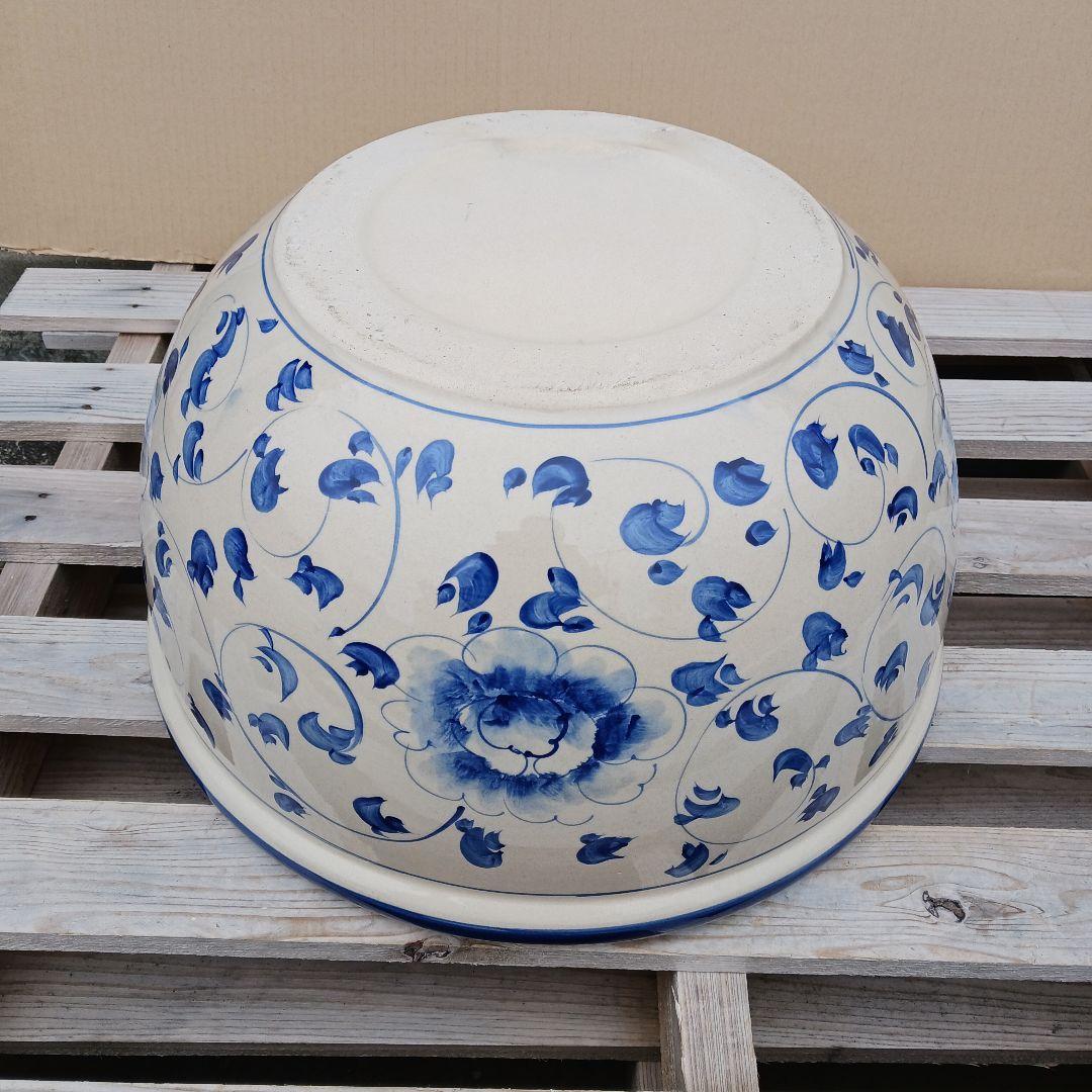 新品　∅50　陶器　睡蓮鉢　大型　メダカ鉢　難有　手書き絵　花柄　手造りLKB4