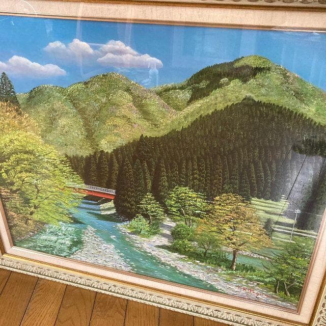 北川照生 画伯作　根尾の清流　肉筆 油彩画 15号 直筆サイン入り 大型 額装