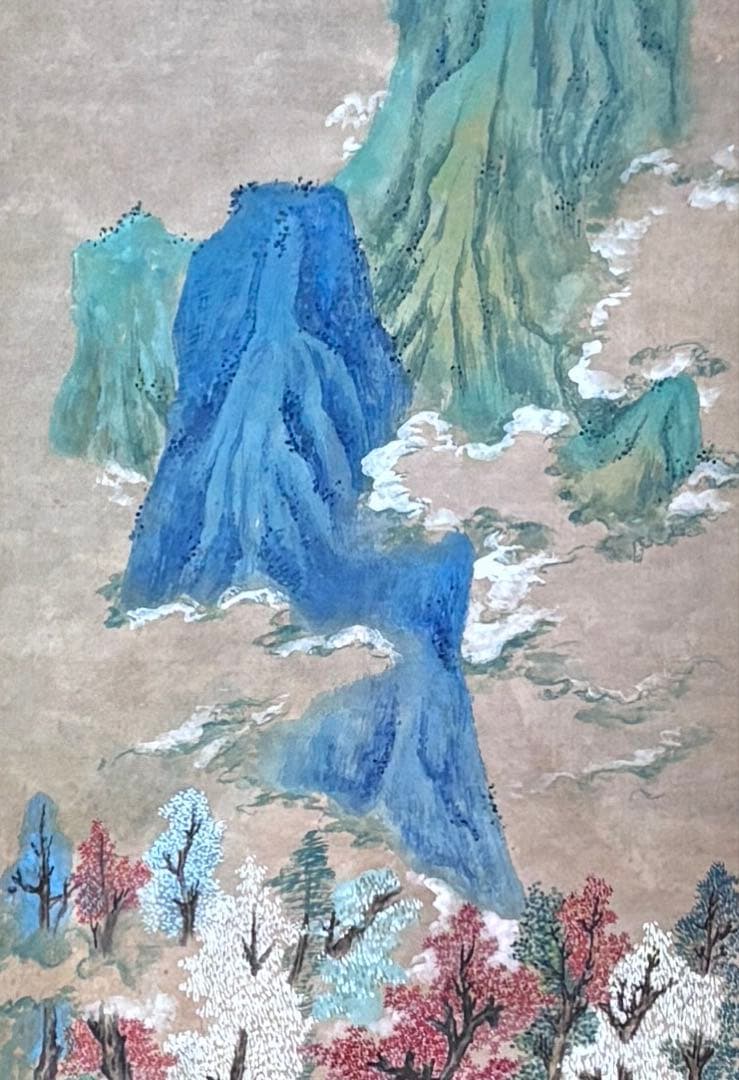 水墨画　掛け軸　白雲紅樹 謝陽画　山水　中国　張大千大風堂　カラー　箱付