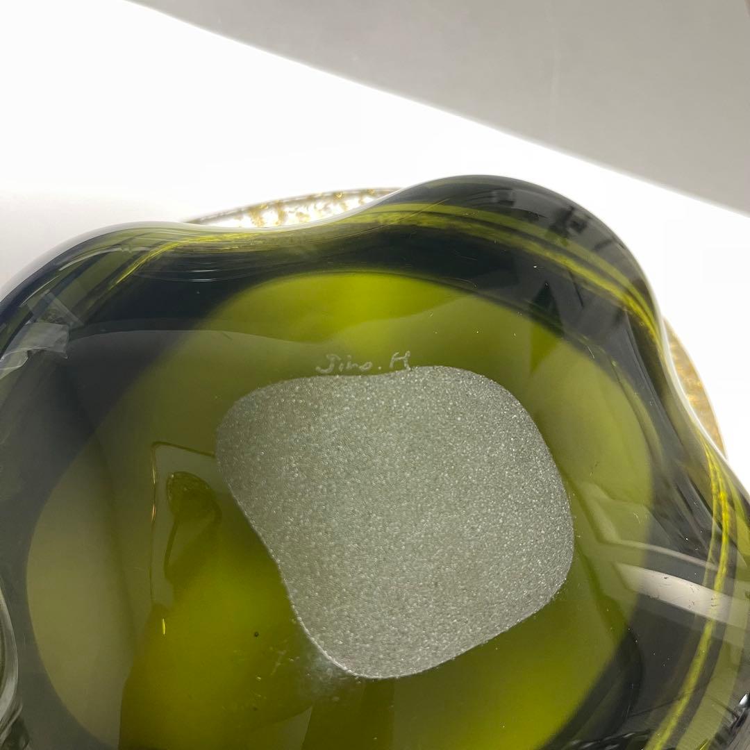 迫二郎作　金箔貼り渕ガラス鉢　オリーブグリーン