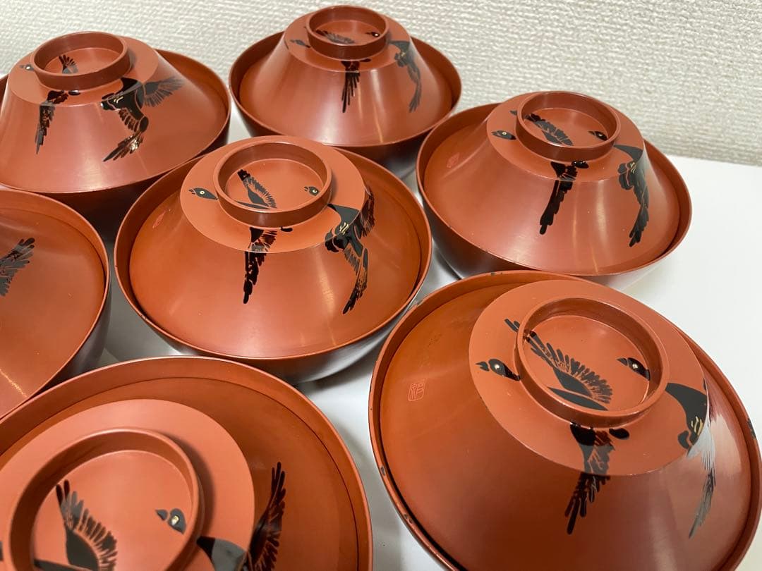 漆器 懐石道具 芦泉謹製 木製溜塗 雑煮椀 吸物椀 10客揃 内朱 鶴 鳥柄