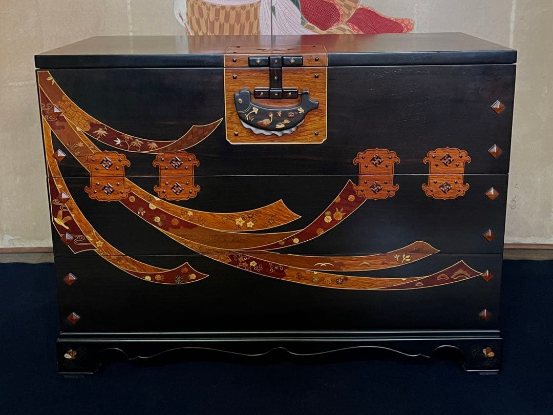 「母」黒檀 寄木 象嵌細工 李朝 バンダジ風 3ドロアー チェスト （柱②）