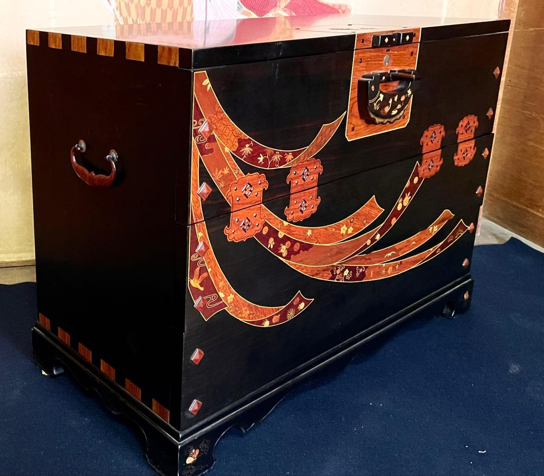 「母」黒檀 寄木 象嵌細工 李朝 バンダジ風 3ドロアー チェスト （柱②）