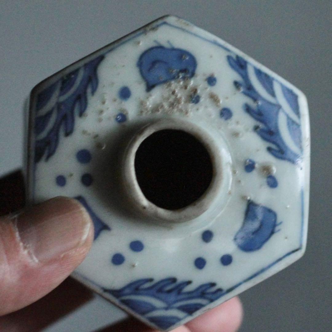 染付 面取 六角 小徳利 波千鳥 小紋柄 古美術 古道具 アンティーク