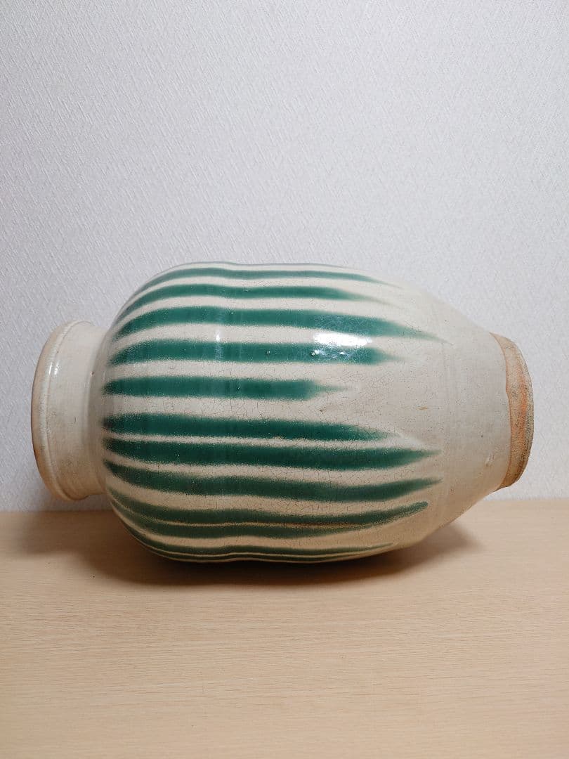 信楽焼？茶壺 大壺 すだれ壺 ストライプ柄 明治 アンティーク 骨董 中古品