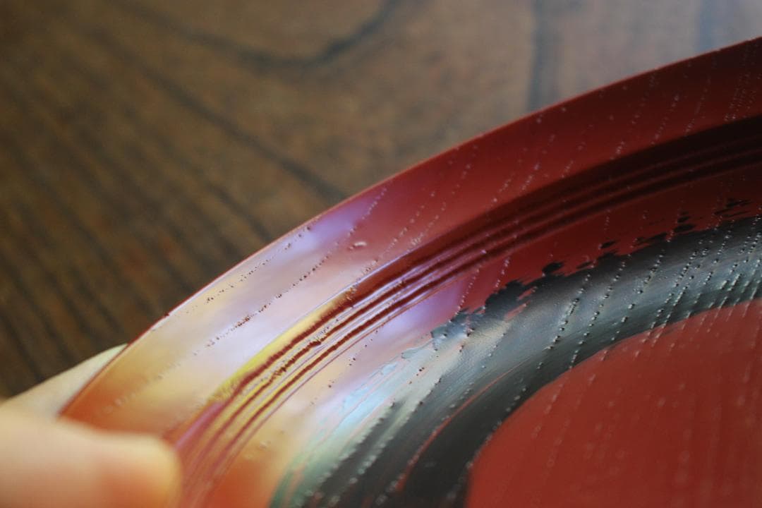 デッドストック！極上搔合朱漆に刷毛目黒漆円相文の美しい台付丸盆（検輪島塗菓子器