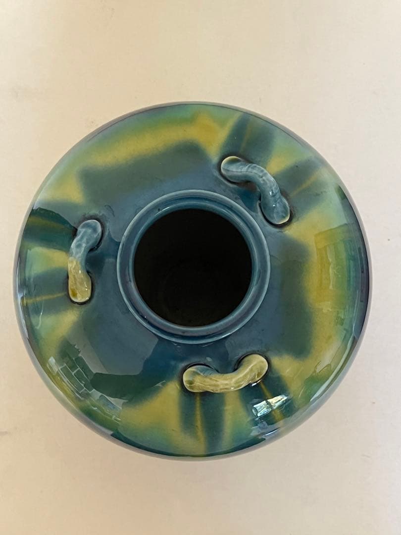 柳雨軒 三代 人間国宝 徳田八十吉（正彦銘）碧明釉 耳付壺　T128